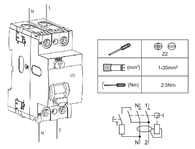 Noark 108314 Ex9L-N 2P 25A 30mA Proudový chránič, Icn=6kA, 2-pól, In=25A, IΔn=30mA, typ AC